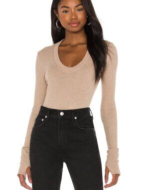Enza Costa Cashmere Easy Cuffed U Bodysuit M Khaki Tan Knit Long Sleeve Cotton